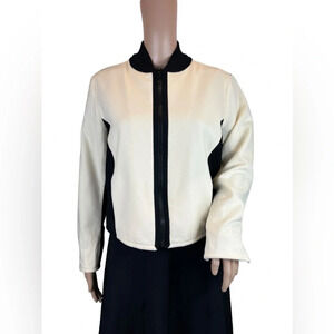 AKRIS PUNTO WOMENS MOCK NECK FULL ZIP BLAZER JACKET CREAM BLACK SIZE US 8 WOOL